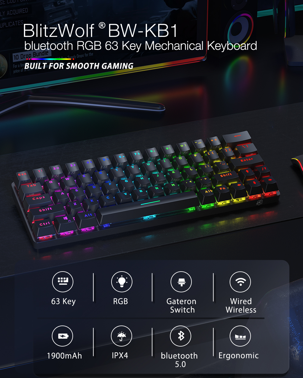 Blitzwolf BW-KB1 Mechanikus gamer billenytűzet